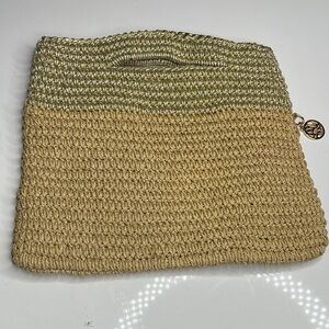 Lilly Pulitzer Beige Straw and Gold Crochet Chain Trim Hand Flat Tote Clutch Bag